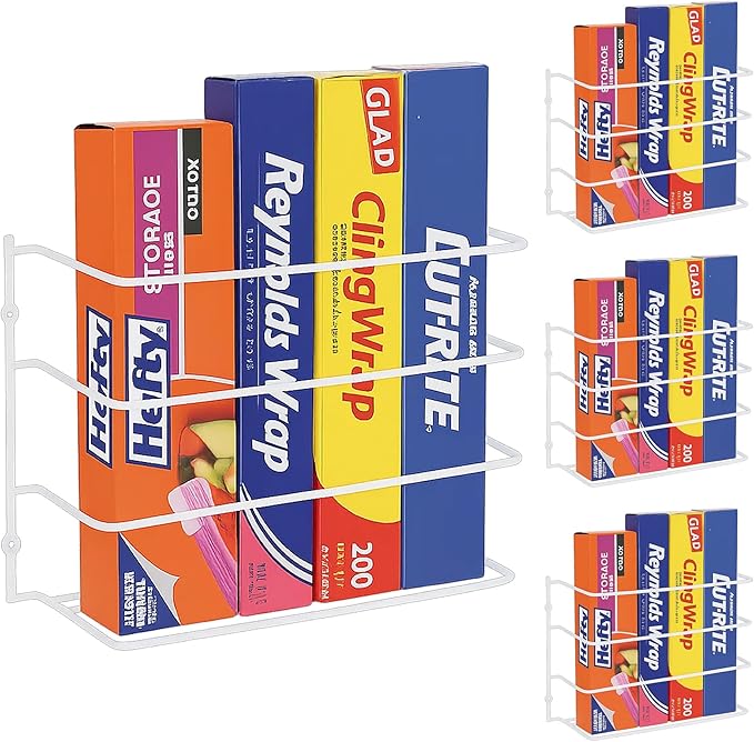 Evelots Kitchen Wrap Organizer - 4 Pack - Hold up to 4 Plastic, Foil, Paper, Wax - Cabinet Door, Wall Rack Basket - Sandwich, Freezer, Food Bag Storage - Laundry Supplies - Plastic Coated Metal