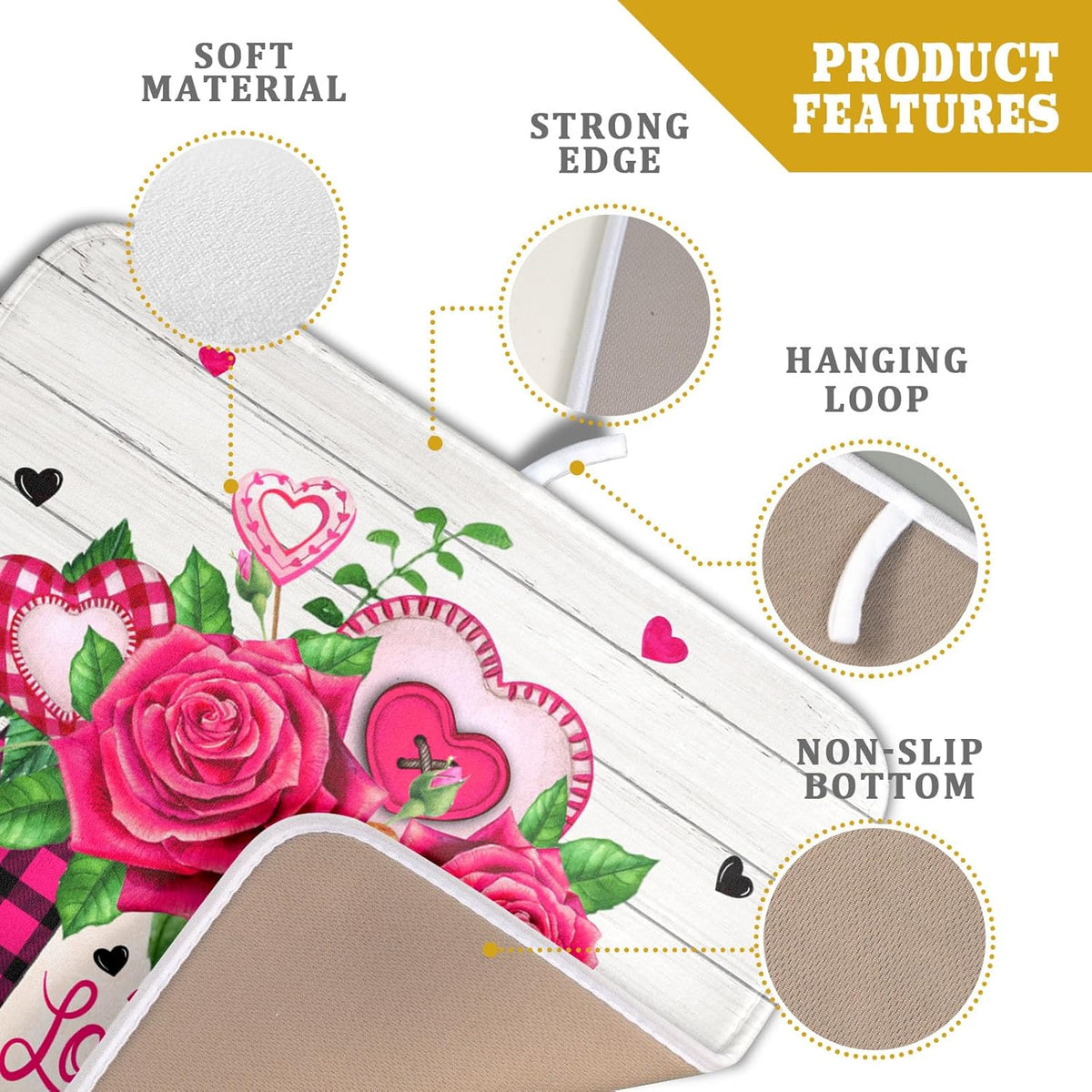 Valentine's Day Rose Flower Dish Drying Mat for Kitchen Counter,Mason Jar Pink Love Heart Drying Mat 16 x 18 Inch with High Absorbent Microfiber