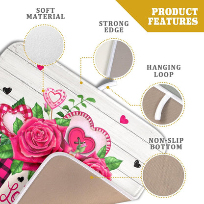 Valentine's Day Rose Flower Dish Drying Mat for Kitchen Counter,Mason Jar Pink Love Heart Drying Mat 16 x 18 Inch with High Absorbent Microfiber
