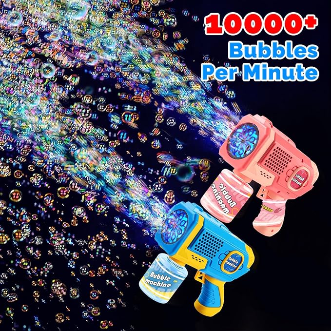 EagleStone 2 Pack Bubble Gun Machine for Kids, Automatic Light Up Bubble Blower with 4 Bottles 10 Bags Refill Solution, Bubble Guns Blaster for Toddlers, Outdoor Toys Gifts, Wedding Easter Party Favor