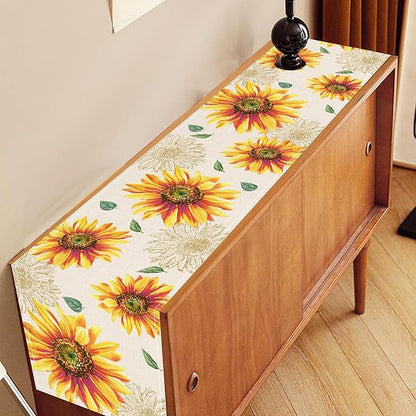 Summer Table Runner, Watercolor Yellow Floral Vase Spring Sunshine Farmhouse Rustic Coffee Table Center Decor for Home Kitchen Dining Patio Indoor Outdoor Table Decorations, 13"x108" Inch