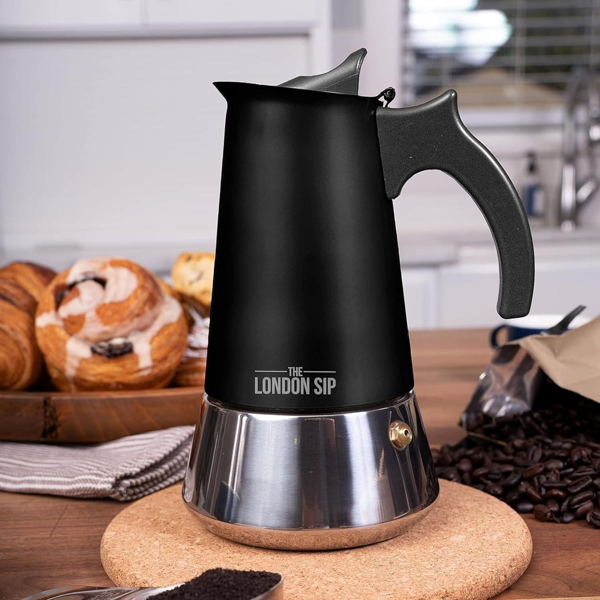 London Sip Stainless Steel Stovetop Espresso Maker Moka Pot Italian Coffee Percolator, Matte Black, Large (16.9 oz)