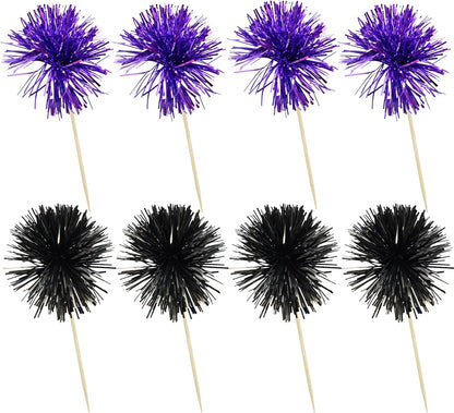 Ephlyn 30Pcs Foil Firework Cupcake Toppers Sparkle Tinsel Cupcake Picks Happy Birthday Cake Decorations Drink Stirrers Cocktail Food Toothpicks for Baby Shower Graduation Party Supplies Black Purple