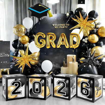 2026 Graduation Boxes Decorations,Black and Gold Balloon Garland Arch Kit with GRAD,2026 Balloon Boxes,Graduation Cap Decor for High School,College Graduation Party Supplies
