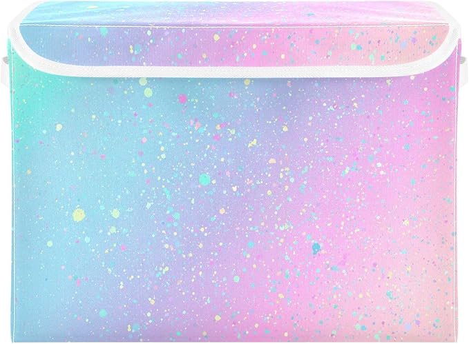 Large Collapsible Storage Bins with Lids, Unicorn Background with Rainbow Storage Baskets Organizer Containers with Handles for Clothes