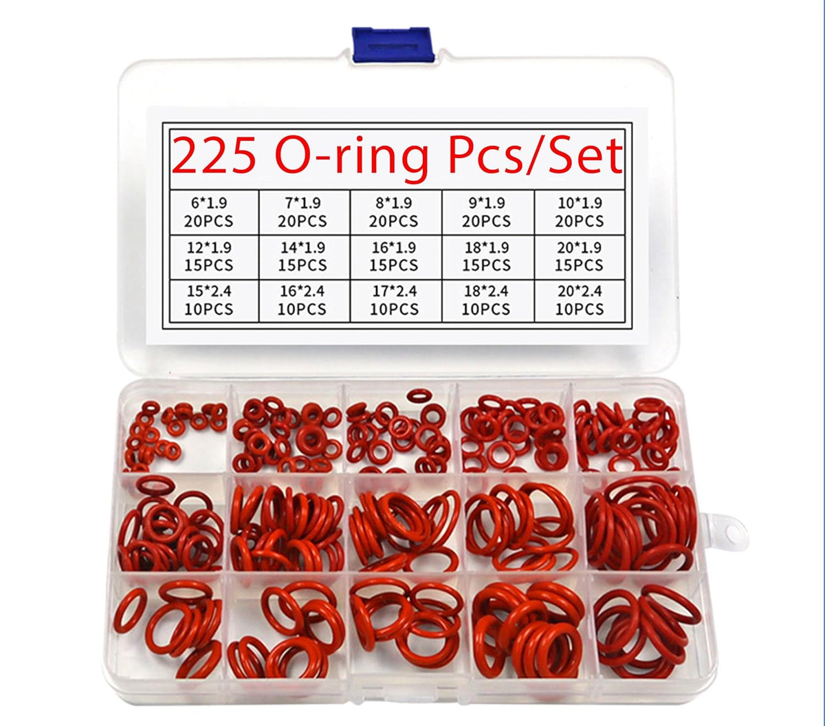Silicone Rubber O-Ring Assortment Kit 225 Pieces 15 Sizes Metric VMQ Sealing Gasket Set for Cup Lids, Coffee Maker, Brewing Fitting, Washer, Filter