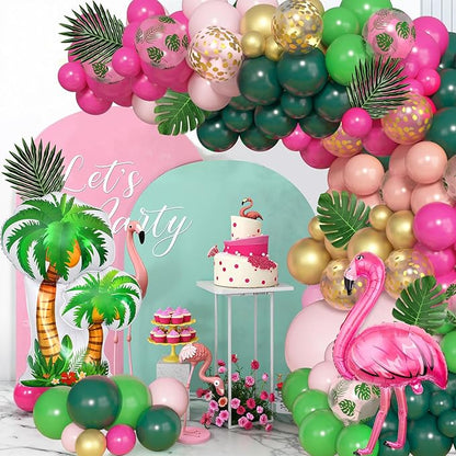 Amandir 165Pcs Flamingo Tropical Balloon Arch Garland Kit, Hot Pink Green Gold Foil Coconut Flamingo Balloons with Palm Leaves for Hawaiian Luau Aloha Summer Beach Tropical Birthday Party Decorations