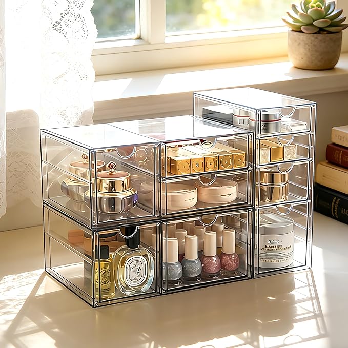 Prsildan Acrylic Drawer Makeup Organizer with 9 Drawers, Set of 3 Office Desk Organizers Accessories, Clear Stackable Storage Drawers for Vanity, Countertop, Craft, Jewelry, Art Supply Organization