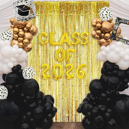 Janiuns Black and Gold Graduation Balloon Garland Arch Kit with Class of 2026 Foil Balloon & 78 Inch Foil Fringe Curtains Backdrop - 2026 Graduation Decorations with Black Gold White Grad Cap Balloons