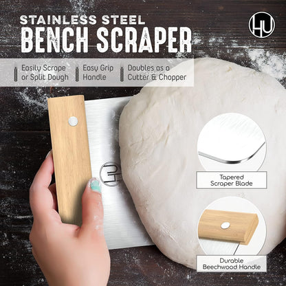 LHU Bread Making Tools and Supplies - Set of 3 - Danish Dough Whisk, Bread Lame, Bench Scraper - Dough Hook with Bread Scraper, Lame Bread Tool, Blades - Great for Baking Sourdough, Pizza, Pastry