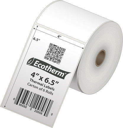 4" x 6.5" Thermal Labels | 6 Rolls | 2280 Labels | fits Zebra, Munbyn, Rollo, Godex, Arkscan, iDPRT, Offnova Thermal Label Printers and More | Blank White Adhesive Stickers by Ecotherm