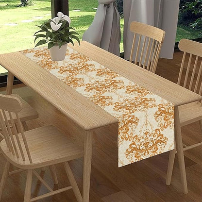 Damask Table Runner, Rustic Gold Gothic Boho Floral Flower Baroque Style Antique Vintage Retro Coffee Table Center Decor for Kitchen and Dining Outdoor Home Country Party Table Decorations, 13"x108"