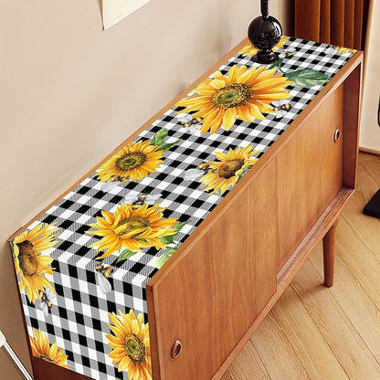 Sunflower Table Runner, Baffalo Plaid Summer Fall Yellow Florals Rustic Farmhouse Country Bumble Bee Coffee Table Center Decor for Home Kitchen Dining Patio Indoor Outdoor Decorations, 13"x36" Inch