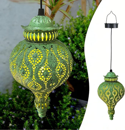 Moroccan Solar Lanterns Outdoor Waterproof Green Hanging Lanterns Outdoor Ramadan Garden Decor Gardening Gifts for Women Mom Grandma Solar Lights for Patio, Pathway, Yard, Porch, Backyard.