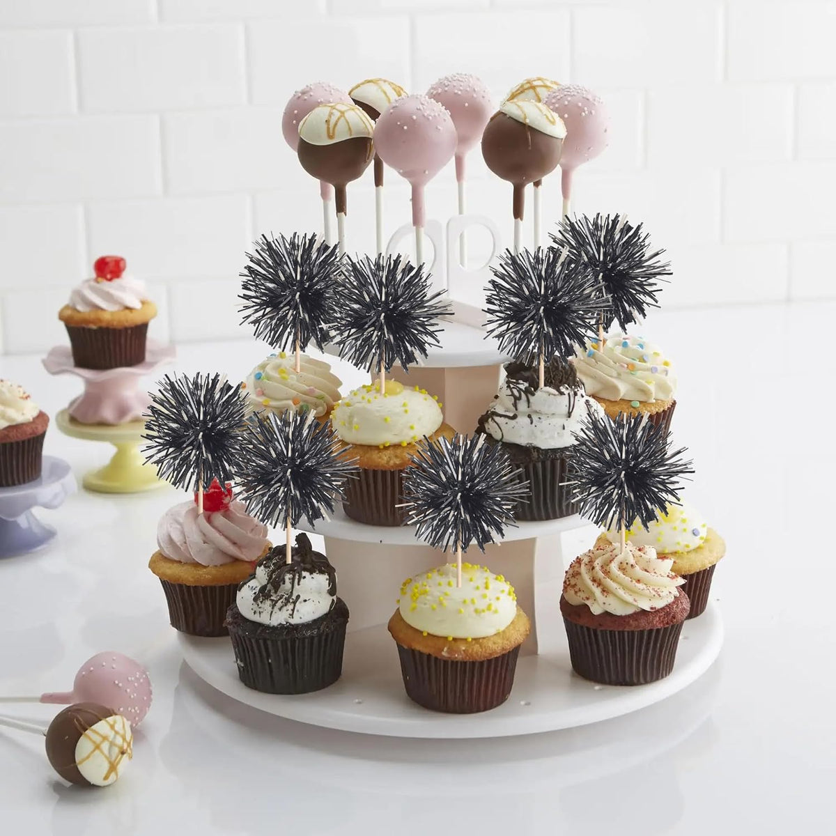 40 PCS Black Foil Firework Cupcake Toppers Sparkle Tinsel Cupcakae Picks Sparkler Fireworks Party Decorations Cocktail Fruit Toothpick for Birthday