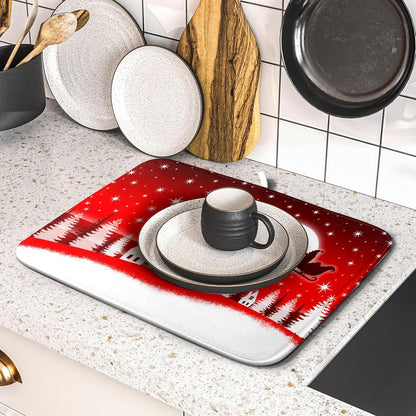 Christmas Reindeer Moon Star Red Dish Drying Mat for Kitchen Counter,White Xmas Tree Castle Drying Mat 16 x 18 Inch with Absorbent Reversible