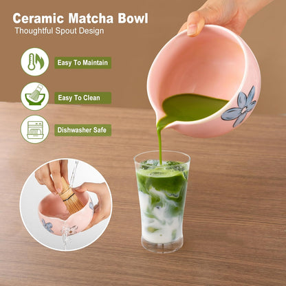 Matcha Whisk Set Pink,8pcs Matcha Set Whisk And Bowl,Matcha Kit With Bamboo Whisks,Ceramic Matcha Bowl,Sifter,Scoop,Holder,Towel,Stand,Spoon