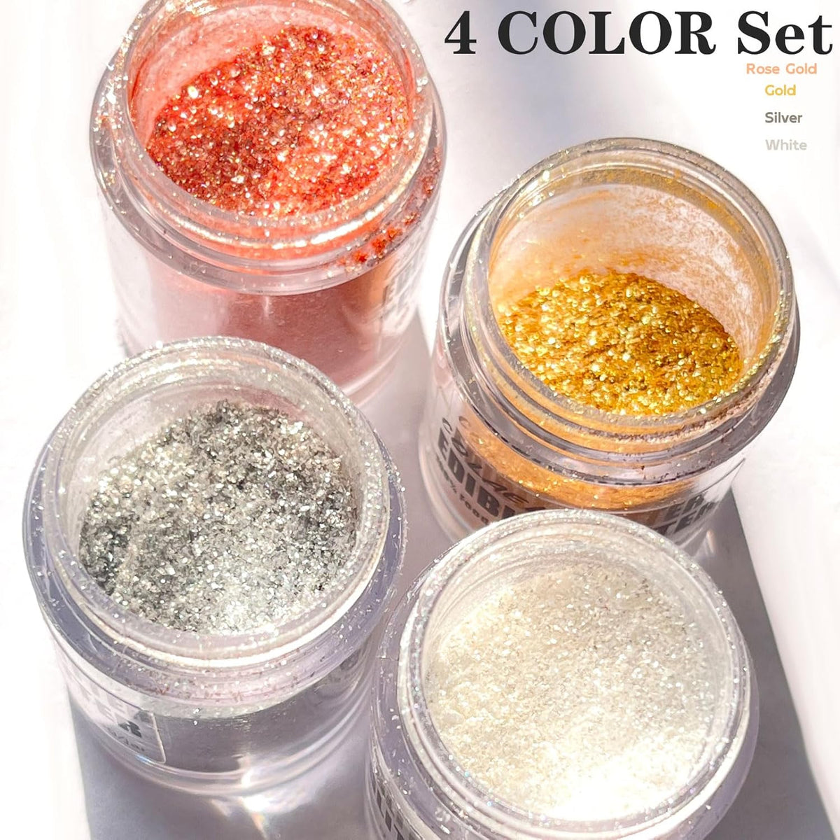 Edible Glitter for Drinks Cakes Christmas Set - Colaele 4 Colors Shimmering Luster Dust Disco Glitter Food Grade Metallic Food Coloring Glimmer for
