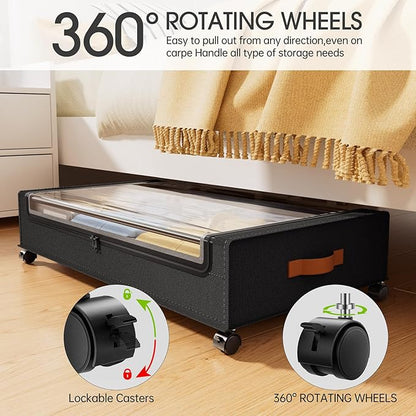 Yecaye 60L Under Bed Storage with Wheels, 2 Pack Under Bed Storage Containers, Underbed Shoe Storage with Clear Window & Label, Rolling Under Bed Metal Drawer for Clothes, Shoes, Books, Black