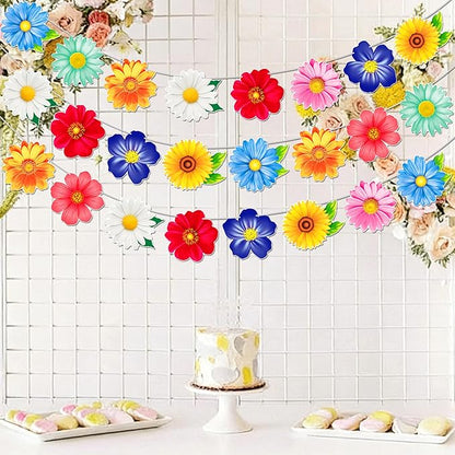 2pcs Colorful Daisy Flower Garland Banner, Spring Summer Floral Bunting Hanging Decor for Birthday Baby Shower Wedding Garden Tea Pool Party Supplies
