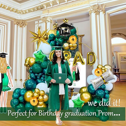 Green Graduation Balloon Garland Arch Kit 115PCS with Graduation Star print Certificate Letter Mylar Foil Balloons for Graduate Class of 2026 Grad Prom party Decorations Supplies (Green Gold White)