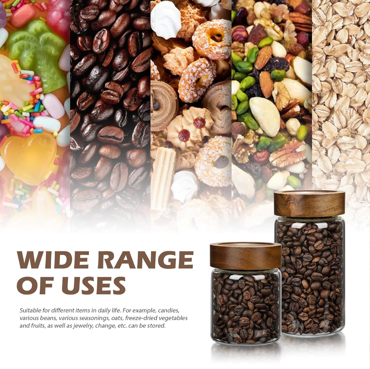 2PCS Small Glass Storage Jars with Airtight Lids, 19.3 fl oz (560ml) coffee container with Wooden Lid, Glass Pantry Canister for Beans, Rice, Sugar and etc