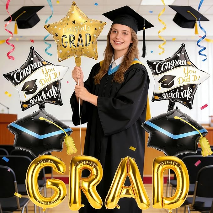 Graduation Balloons - Gold Letter Grad Balloons Graduation Cap Balloon Grad Cap Balloon Graduations Foil Balloons Class for 2026 Graduation Party Decorations