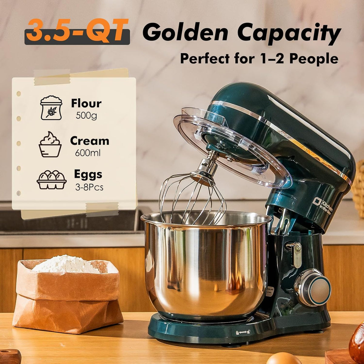 Kitchen in the Box Stand Mixer, 3.5 QT Small Electric Kitchen Mixer, 10-Speed Portable Lightweight Food Mixer with Stainless Steel Bowl, Egg Whisk, Dough Hook, Beater (Dark Green)