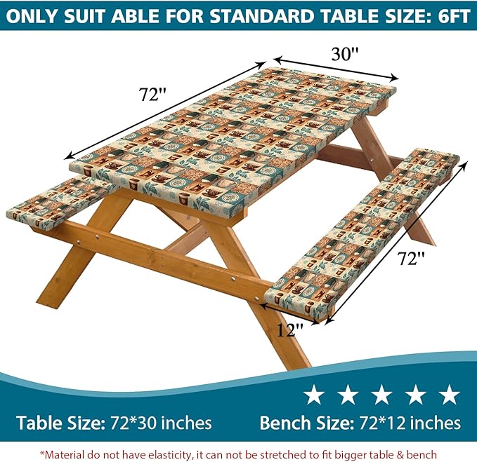 JAWO Coffee Pattern Picnic Table Cover,Bohemian Geometric Vintage Floral Tablecloth with Elastic Edge,Camping Design for Outdoor Camping, BBQ Decor, 72x30 Inch