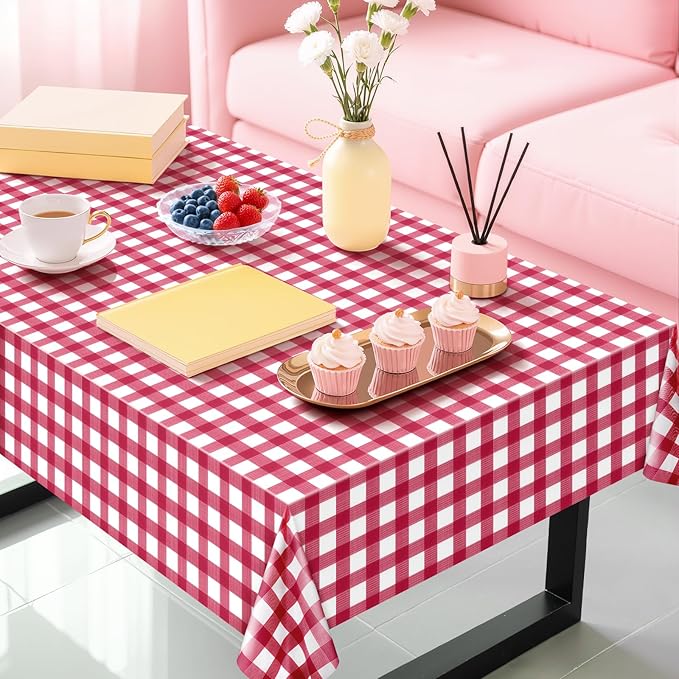 1 Pack Red Striped Gingham Tablecloths, 54 x 108 Inch Disposable Plastic Rectangle Table Covers, Waterproof Red and White Checkered Table Cloths for Picnic, Birthday, Party, Outdoor Events