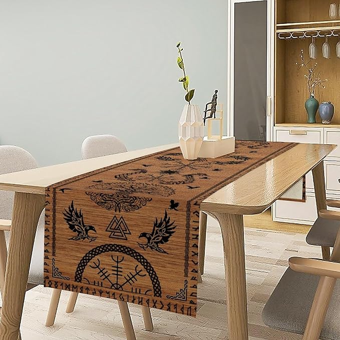 Viking Table Runners, Viking Tree of Life Raven Helmet of Awe Wood Print Table Runner for Home Kitchen Coffee Dining Room Bedroom Party 13x90in