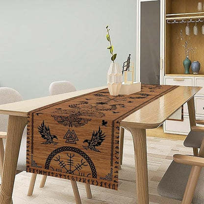 Viking Table Runners, Viking Tree of Life Raven Helmet of Awe Wood Print Table Runner for Home Kitchen Coffee Dining Room Bedroom Party 13x90in