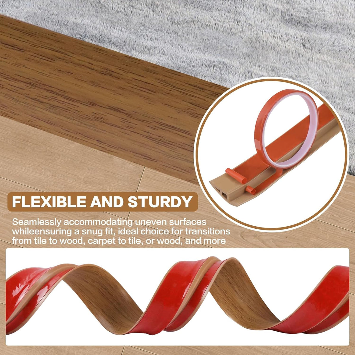 Floor Transition Strip Vinyl Door Threshold Ramp Self Adhesive Carpet Edging Strip Doorway Edge Trim, Overlap Edge Reducer for Laminate Carpet, Floor, Tile (Orange Oak, 2/5" to 3/5", 6.6Ft)