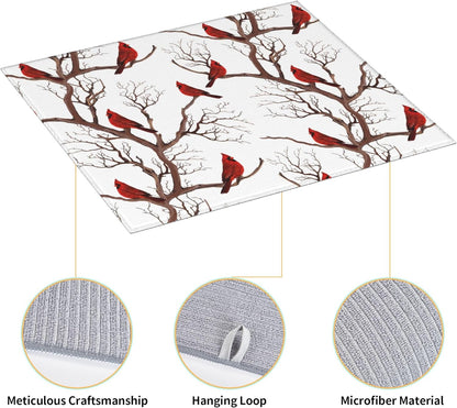 Winter Cardinal Birds Dish Drying Mat for Kitchen Counter Washable Absorbent Drying Mat Reversible Microfiber Drying Pad Home Holiday Decor Kitchen Accessories 16"x18"