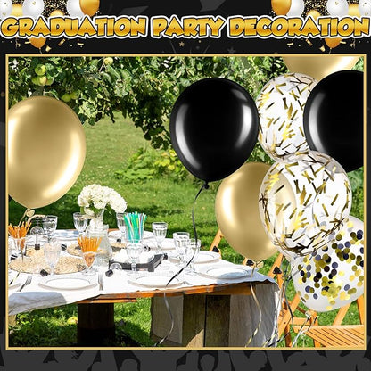 Sratte 60 Pcs 12 Inch Black Gold Balloons Kit Halloween Decorations Confetti Latex Metallic Balloons with 2 Rolls Ribbon Party Favor for Memorial Day, Birthdays