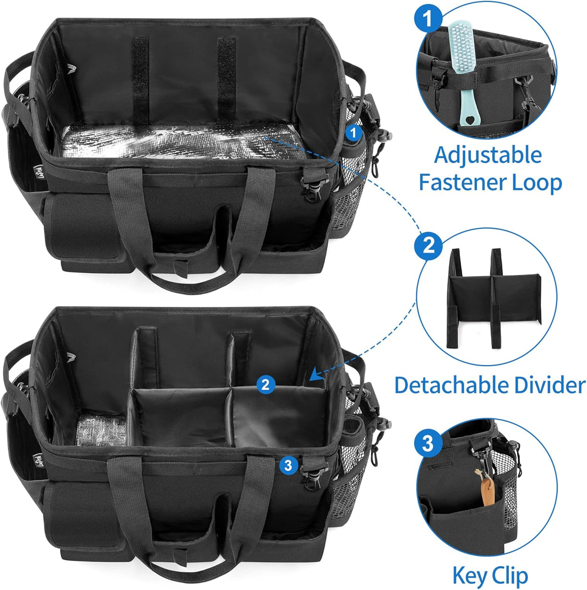 LoDrid Large Wearable Cleaning Caddy Bag with Detachable Divider, Cleaning Supply Tote with Handles, Organizer with Adjustable Shoulder Strap for Cleaners & Housekeepers, Black