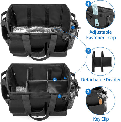 LoDrid Large Wearable Cleaning Caddy Bag with Detachable Divider, Cleaning Supply Tote with Handles, Organizer with Adjustable Shoulder Strap for Cleaners & Housekeepers, Black
