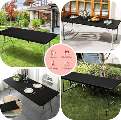 10 Pack Stretch Fabric Table Top Cap Cover, fits 8Ft Tables, Spandex Table Covers Washable Elastic Universal Rectangle Tablecloth Protector for Indoor Outdoor Party Picnic Wedding, Black,30" W x 96" L