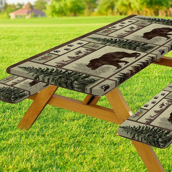 JAWO Picnic Table Cover with Bench Covers Rustic Bear Pattern Waterproof Windproof Fitted Outdoor Patio Camping Rectangle Tablecloth 96x30 Inch Elastic Edges
