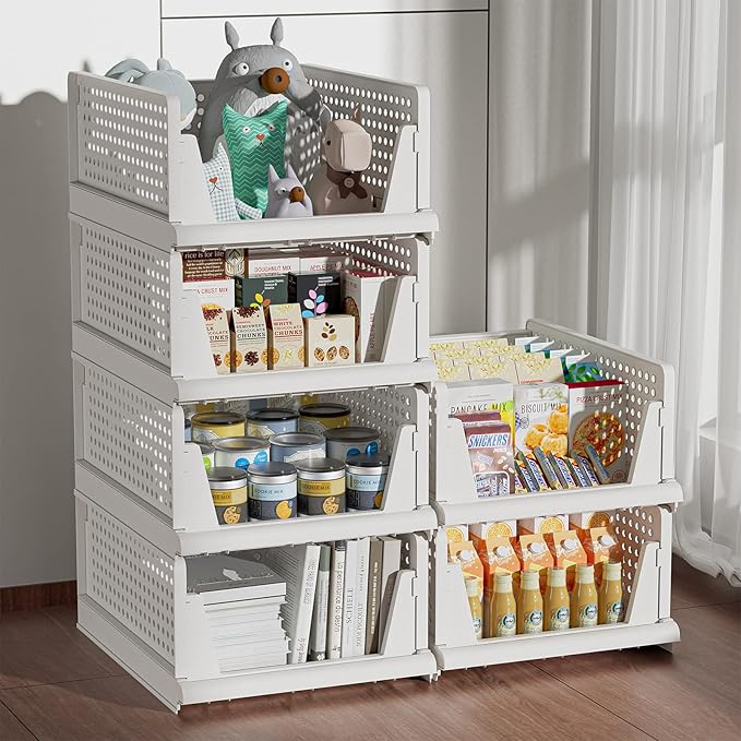 Clothes Organizers and Storage, 4 Packs Stackable Plastic Storage Basket for Closet, Stackable Plastic Storage Bins Storage Box Closet Shelf for Bathroom Kitchen Office, 4XL