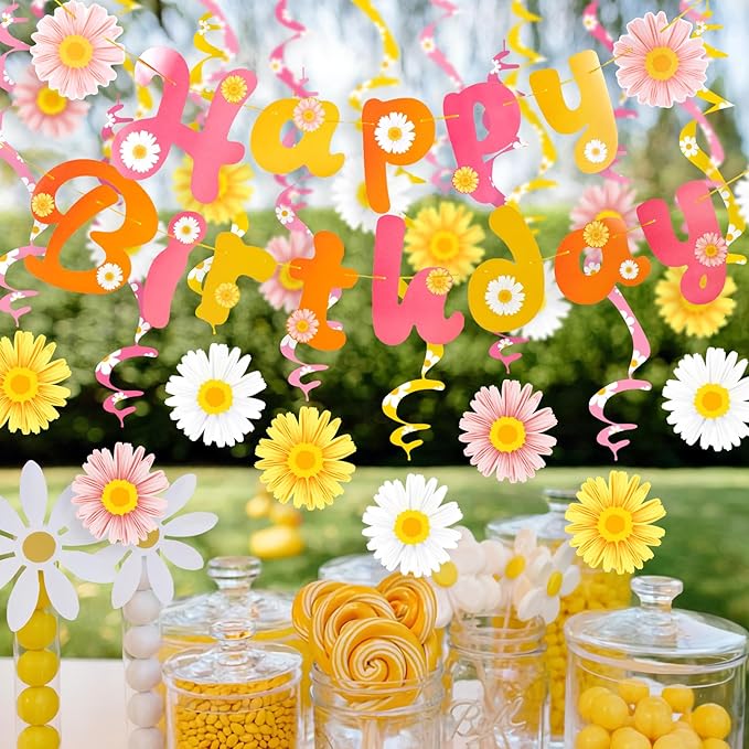 SUNBEAUTY Daisy Groovy Party Decoration Boho Happy Birthday Banner Daisy Paper Hanging Swirls Flower Birthday for Women Birthday Classroom Office Boho Hippie Retro Birthday Baby Shower Party Supplies