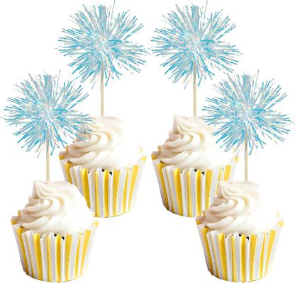 Gyufise 30Pcs Foil Firework Cupcake Toppers Sparkle Tinsel Cake Toppers Tinsel Drink Cake Decoration Cocktail Picks for Birthday Wedding Graduation Party Supplies Laser Blue