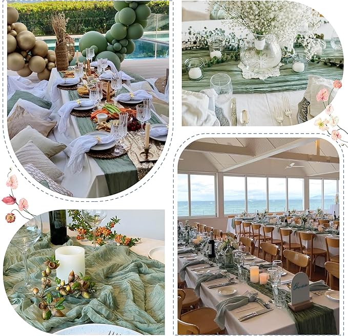 Sioloc 5 Pack Sage Green Cheesecloth Table Runner 120'' x 35'',Spring Easter Decor Soft Gauze Boho Wedding Table Decor for 10ft Table Birthday Party,Baby Shower, Bridal Shower, Home & Event Decor