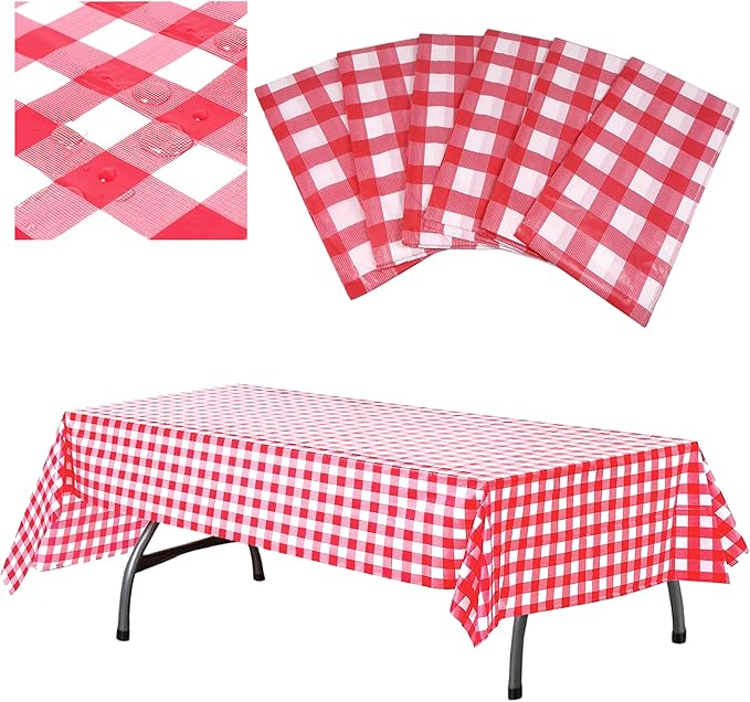 AnapoliZ Plastic Checkered Tablecloth | 6 Pcs Pack - 54” Wide x 108” Long | Red and White Picnic Disposable Table Cover | Rectangular Gingham Tablecover for Birthdays, Carnivals, Parties