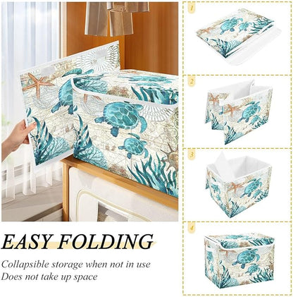 Large Collapsible Storage Bins with Lids, Vintage Ocean Sea Turtle Starfish Map Storage Baskets Organizer Containers with Handles for Nursery Clothes Toys