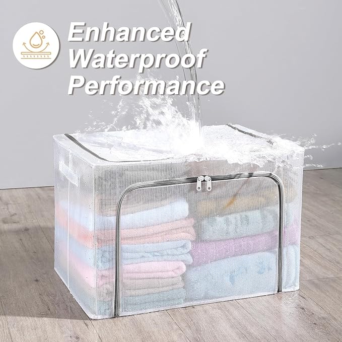 Amiya 3-Pack Clear Plastic Storage Boxes with Metal Frame, 66L Foldable Clothes Organizer Bins with Lids, Stackable Waterproof Containers for Bedroom, Closet, Garage, Zippers, Handles