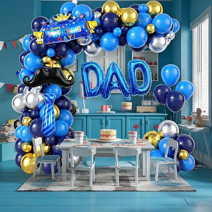 Happy Fathers Day Decoration, Navy Blue Father's Day Balloon Arch, Blue Gold Balloon Garland Kit with Beard Tie & DAD Foil Balloons for Happy Father's Day Family Birthday Party Decoration Supplies