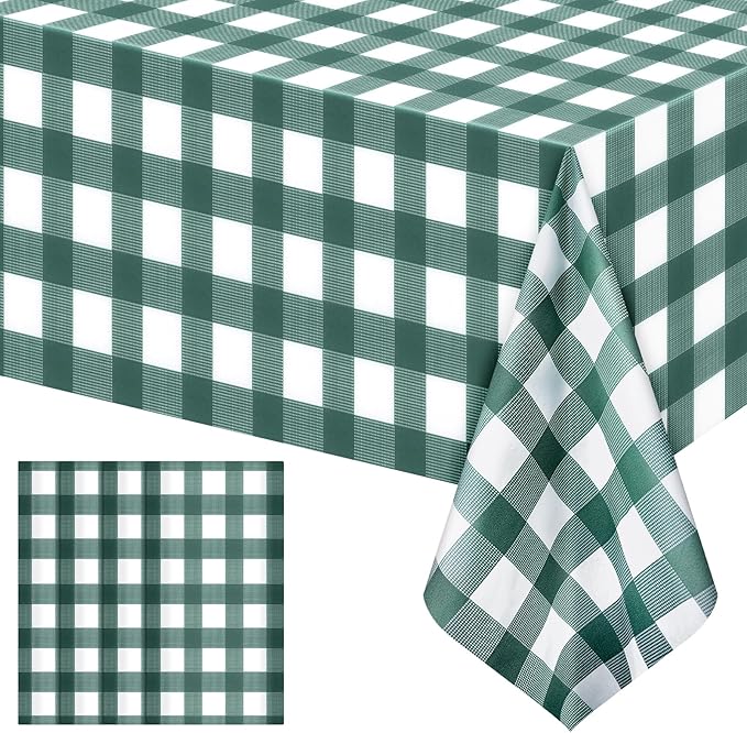 4 Pack Sage Green Striped Gingham Tablecloths, 54 x 108 Inch Disposable Plastic Rectangle Table Covers, Waterproof Checkered Sage Green Table Cloths for Picnic, Birthday, Party, Outdoor Events