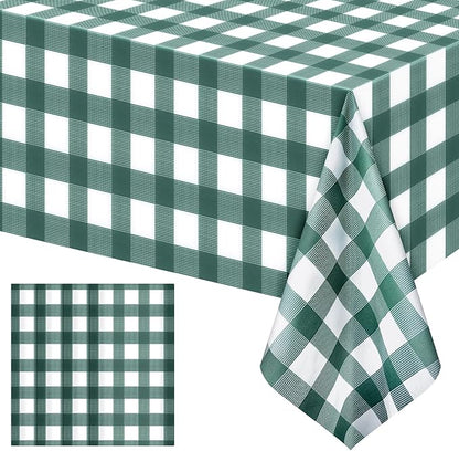 4 Pack Sage Green Striped Gingham Tablecloths, 54 x 108 Inch Disposable Plastic Rectangle Table Covers, Waterproof Checkered Sage Green Table Cloths for Picnic, Birthday, Party, Outdoor Events
