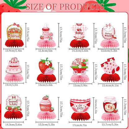 Strawberry Baby Shower Decorations, 12PCS Berry Sweet Honeycomb Centerpieces Decoration A Berry Sweet Baby Is on the Way Party Table Decor Supplies
